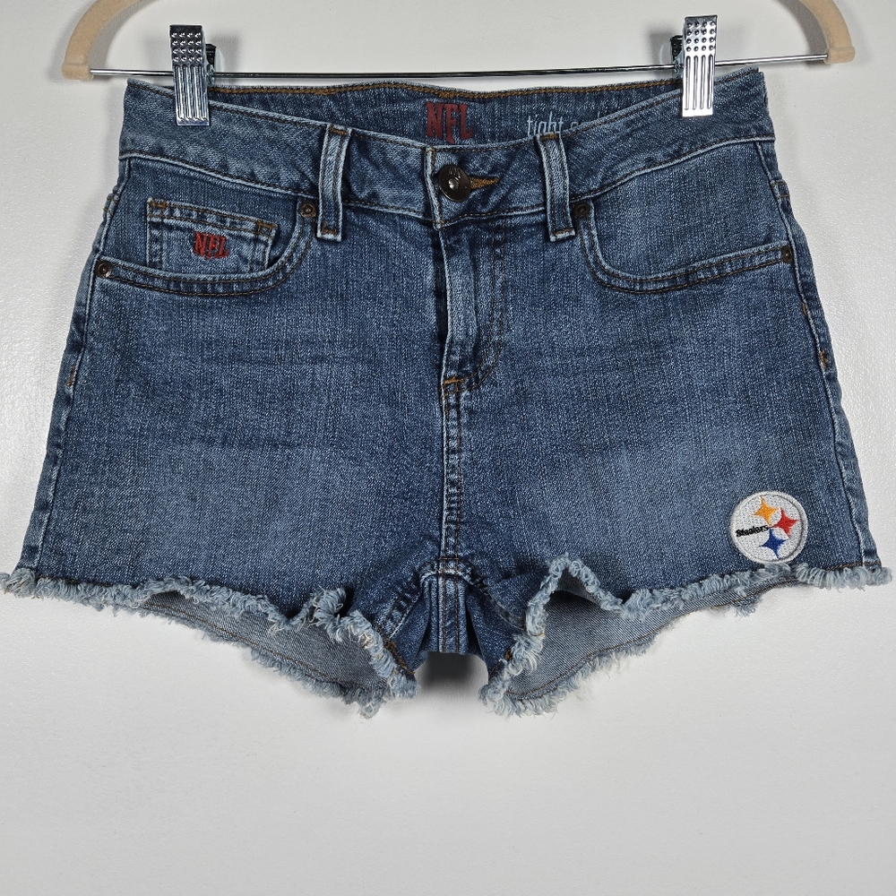 NFL Pittsburg Steelers Team Logo Tight End Frayed Blue Denim Jean Shorts Size 4